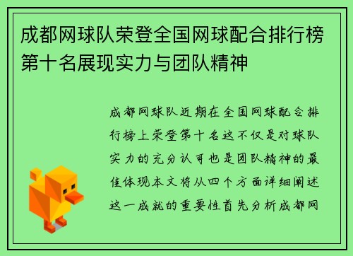 成都网球队荣登全国网球配合排行榜第十名展现实力与团队精神
